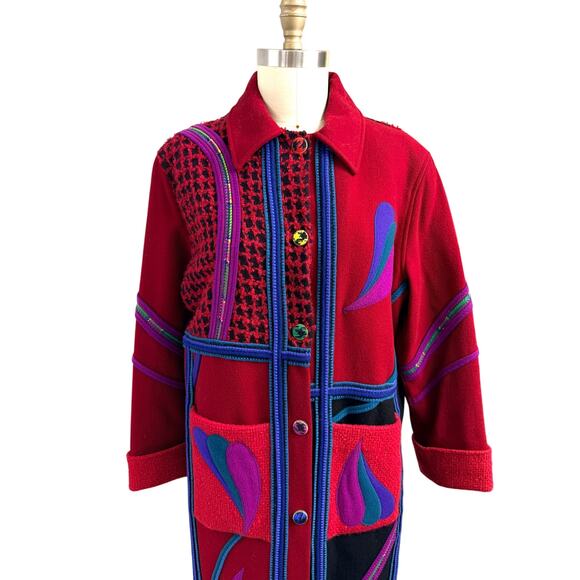 VTG Coloratura Red Wool Patchwork Maxi Coat Artsy Boho Avant Garde 80s 90s M - Picture 2 of 10